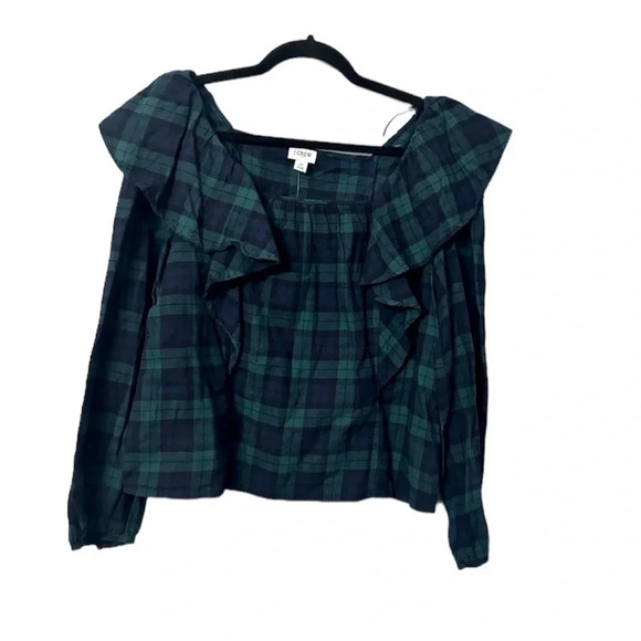 J. Crew Women's Long Sleeve Navy/Green Flannel Square Neck Ruffle Top Size M NWT - Picture 1 of 9